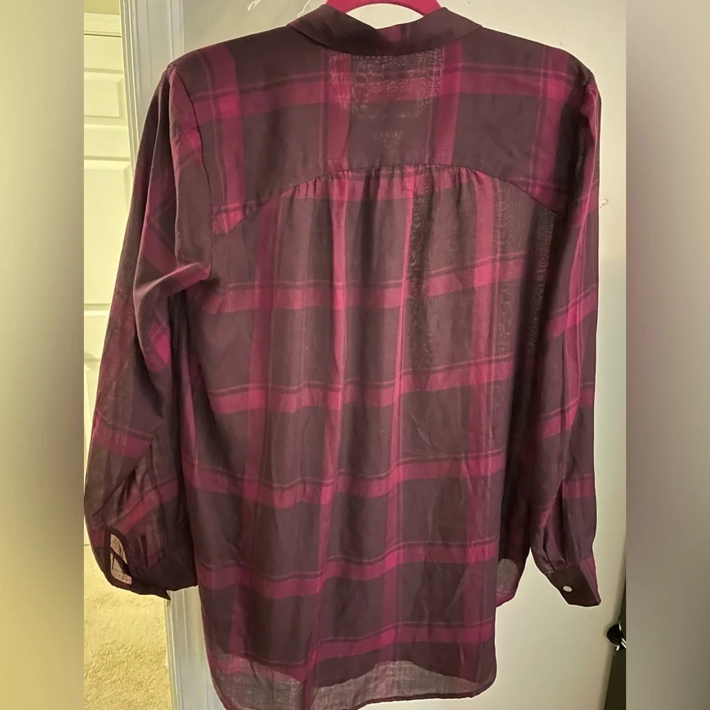 Ann Taylor LOFT softened size S Long Sleeve sheer Raspberry plaid 100% Lyocell. - Picture 5 of 6